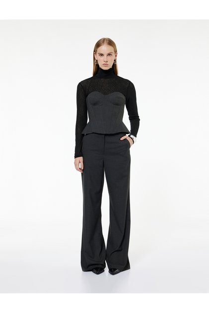 Hose mit weitem Bein aus Viskose-Mischgewebe mit hoher Taille und Taschendetail