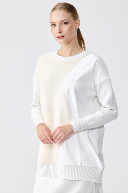 Leather Detail Knit Tunic Ecru