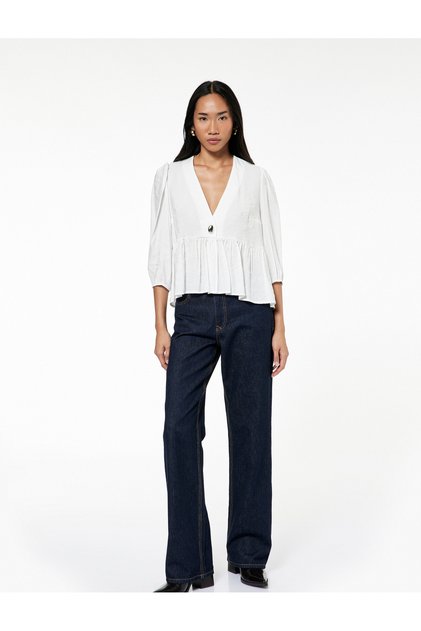 Modal Fabric V-Neck 3/4 Sleeve Peplum Cut Double Breasted Blouse