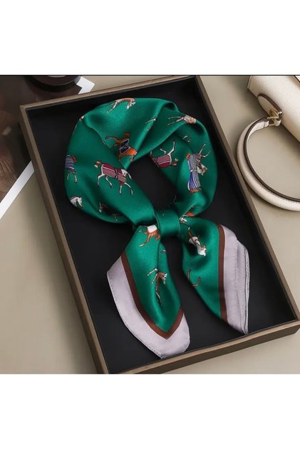 Hei Dark Green Horse Pattern Stylish Silk-Like Square Scarf Foulard Women's Accessory