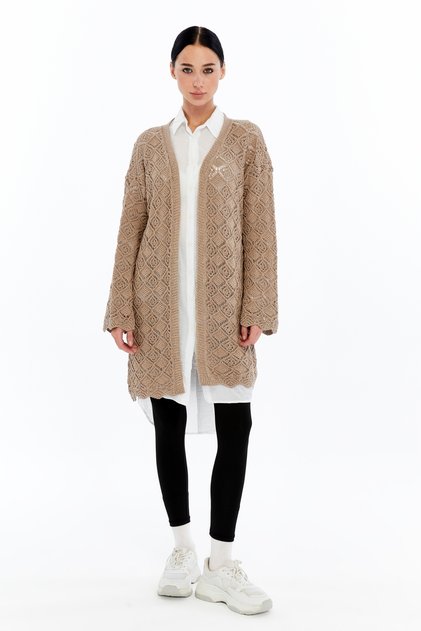 Women's Beige Openwork Seasonal Knitwear Cardigan Ma903