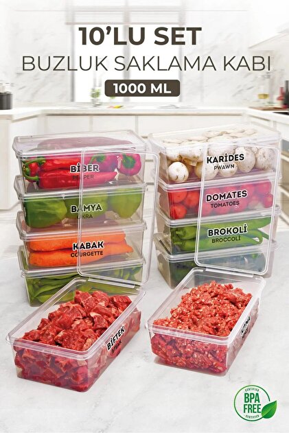 Kitchen Life 10 Adet 1000ml Kapaklı Derin Dondurucu Difriz Saklama