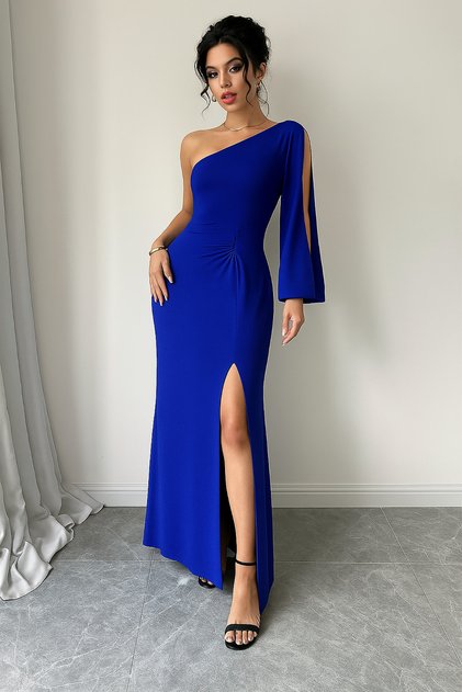 Cobalt Blue Women's One Shoulder Long Sleeve Slit Detail Crepe Fabric Long Dress