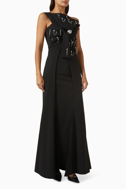 Black Crystal Embroidered One-Shoulder Dress, Modern Elegance