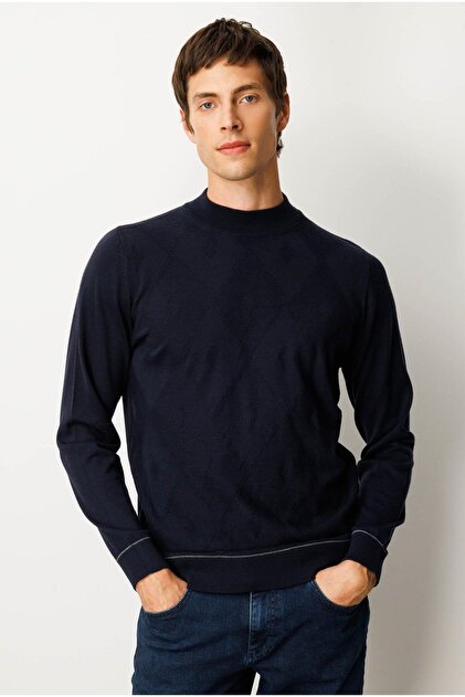 Men's Half Turtleneck Striped Argyle Wool Sweater Dark Navy