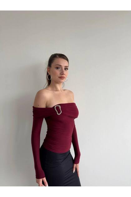 Sevunera Asymmetrical Burgundy Long Sleeve Blouse Crop with Front Buckle Detail