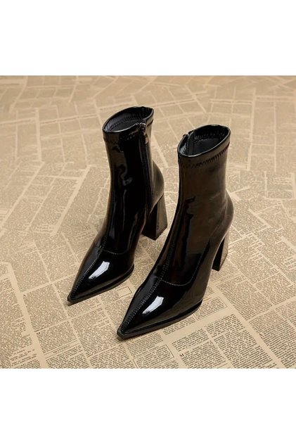 Women's Patent Leather Stretch Ankle Length Thick Heeled Boots Shoes with Zipper