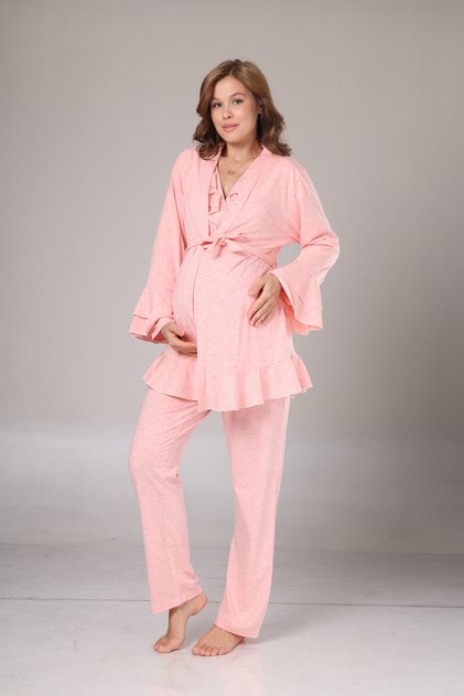 Women's Pink Melange Flared Long Sleeve Winter Special Design Maternity Pajama Set