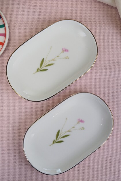 Tabak Evi Porcelain Natura Broadcloth Gold Gilded Oval Boat Plate 18X11X2,50Cm 2 Pieces