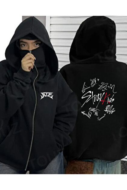 Genel Markalar Stray Kids Baskılı Oversize Fermuarlı Siyah Unisex