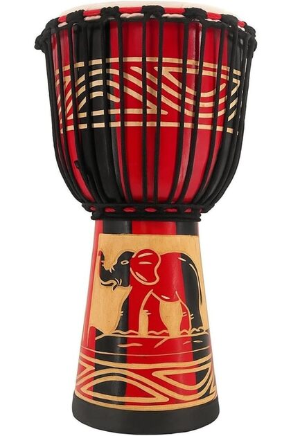 African Sheep Skin Djembe Drum 8 inch Handmade African Elephant Craved Design With Bag