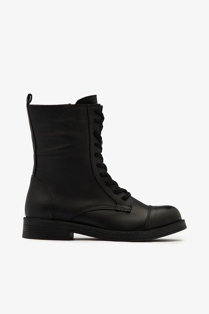 Black Genuine Leather Lace-Up Side Zipper Boots Women's Boots