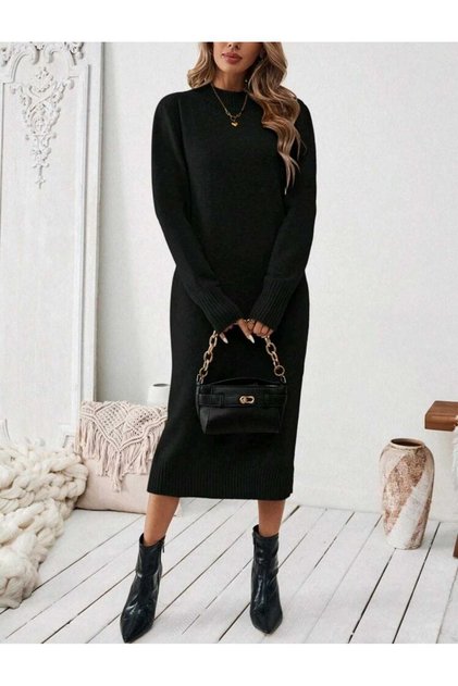 Rochie de tricotat cu mânecă lungă, cu jumătate de gât, confortabilă, lungime midi