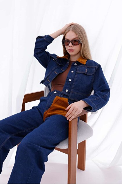 Navy Blue Velvet Detailed Crop Jacket and Wide Leg Jeans Set