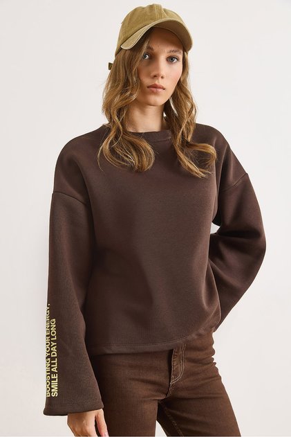 Women's Bitter Brown Wide Sleeve Detailed Embroidered Oversize Sweatshirt Swt-19000752