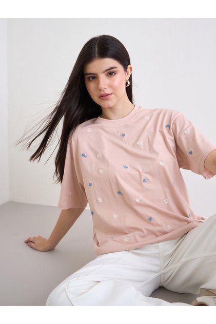 Light Pink Embroidered Oversized T-Shirt