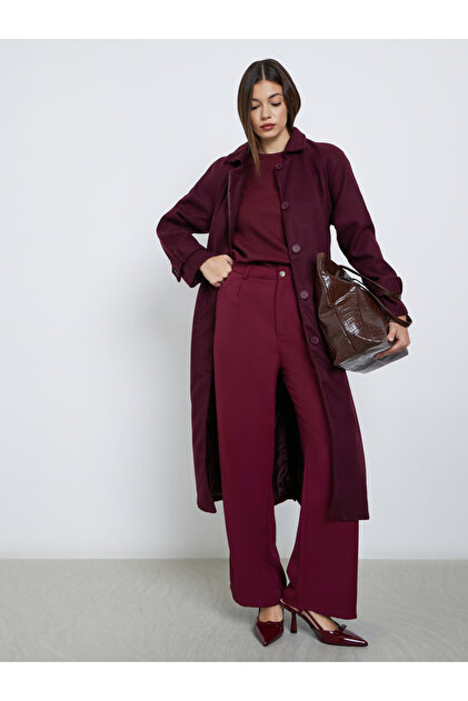 Burgundy Wool Look Belted Midi Coat