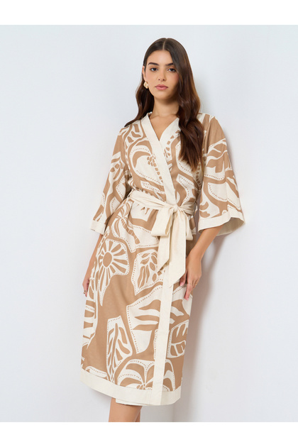 All-Over Print Wrap Midi Dress with Waist Tie