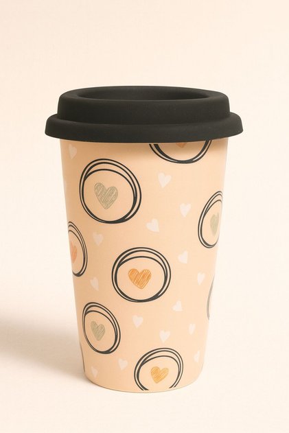 Heart Patterned Porcelain Mug with Lid – 400 Ml, Leak-Proof and Stylish Design