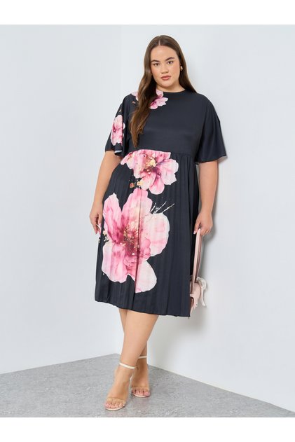Plus Size Black Floral Midi Dress
