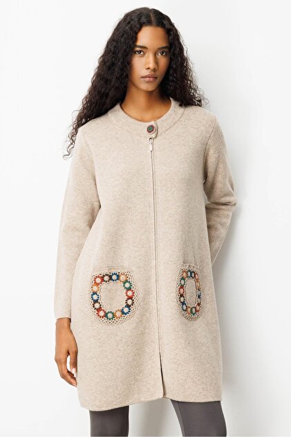 Women's Stand Collar Pocket Crocheted Long Wool Coat Dark Beige