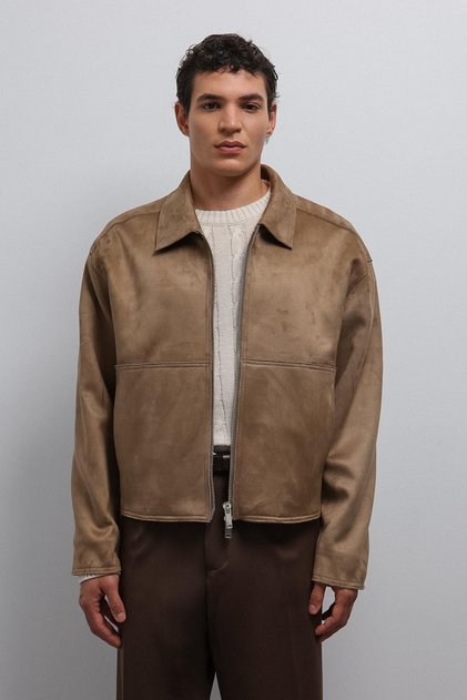 Beige Zippered Faux Suede Men's Coat