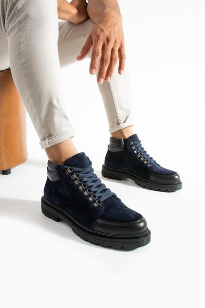 Men's Navy Blue Genuine Leather-Suede Boots