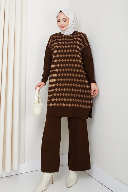 Takım Triko Glittering Diamond Patterned Tunic with Pants
