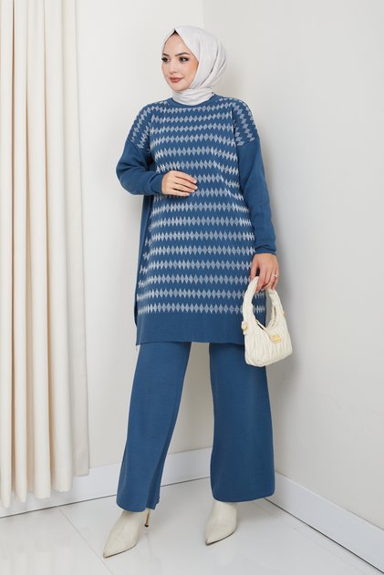 Takım Triko Glittering Diamond Patterned Tunic with Pants