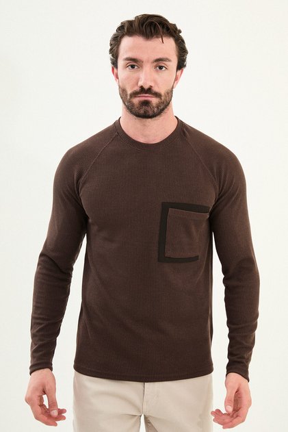 Striped Slim Fit Pocket Detail Long Sleeve Cotton Men's T-Shirt Brown - 36867.25K