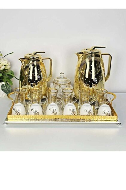 Damanhoor 22 Piece Arabic Tea and Coffee Set Elegant Gold Thermos and Glass Cups with Tray 12 Hour H