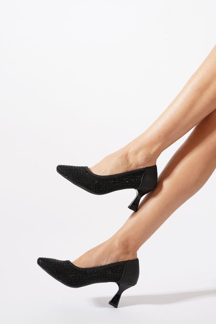 Husmer Mesh Complete Stone Women's Heeled Shoes Black Glitter