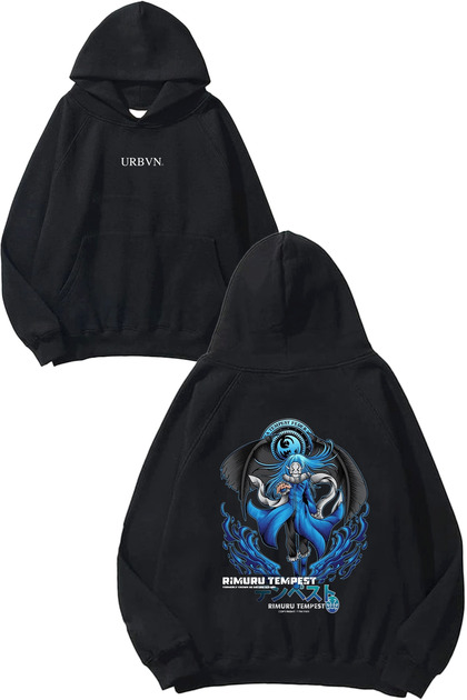 Anime Rimuru Design Printed Oversize Black Hooded Sweatshirt
