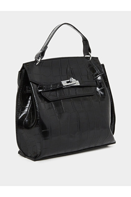 Black Twist Lock Textured Handbag