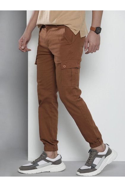 Men Rust Solid Slim Fit Cargo Pants