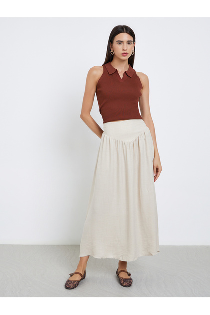 Beige Solid A-Line Maxi Skirt