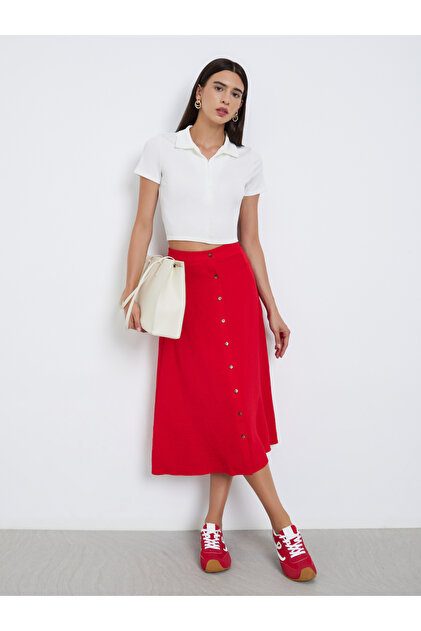Solid Button Detail A-Line Midi Skirt