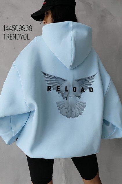 Unisex Oversize Hooded Sweatshirt with Back Wing and Reload Lettering Print Casual Streetwear