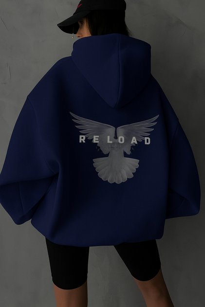 Unisex Oversize Hooded Sweatshirt with Back Wing and Reload Lettering Print Casual Streetwear