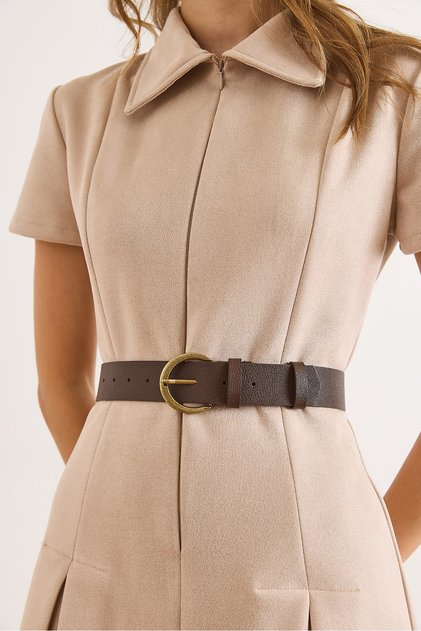 Women's Brown Antique Oval Buckle Faux Leather Belt Kmr-19000154