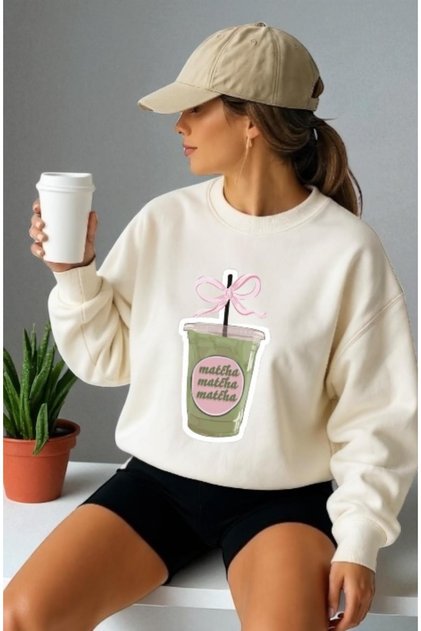 Unisex Long Sleeve Matcha Drink Front Transfer Printed Crew Neck Sweatshirt