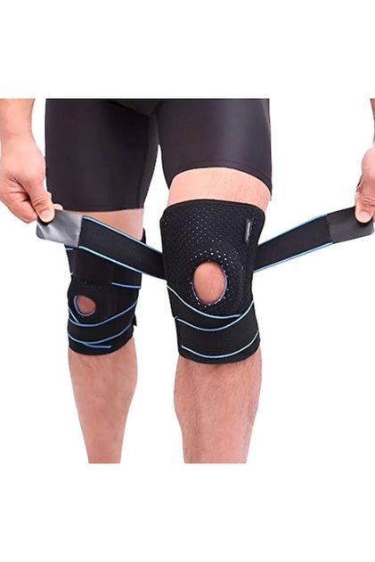 Suport sport de genunchi reglabil cu decupaj pentru rotula, negru/albastru,