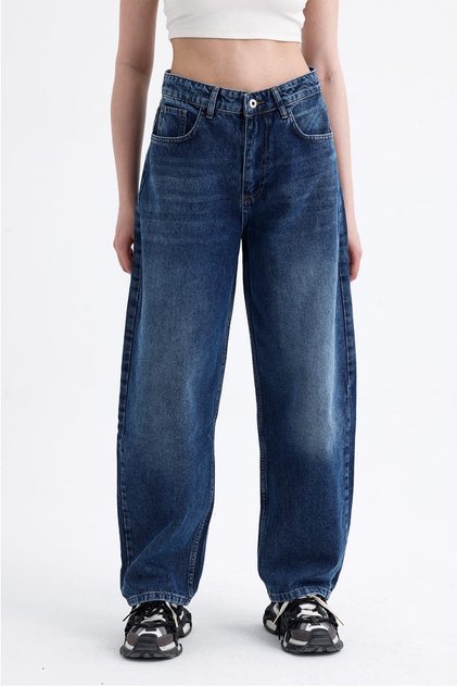 Kadın Mavi Wide Balon Jeans Bol Paça Yüksek Bel