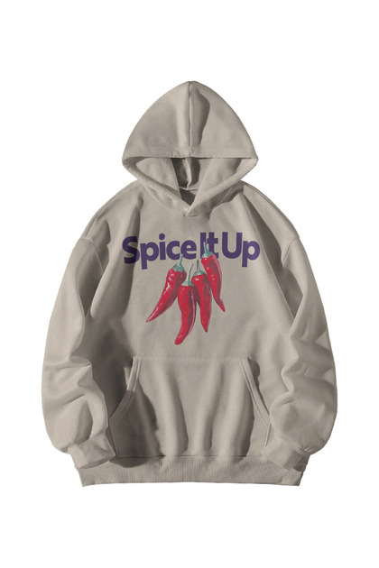 Unisex Cream Spice It up Printed Oversize Kangaroo Pocket Hooded Sweatshirt