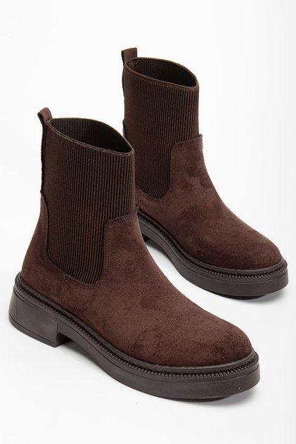 Women's Thick Sole Brown Suede Elastic Side Band Casual Boots