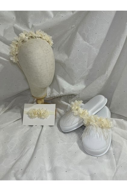 3-Piece Maternity Set - Laser Floral Slippers with Stones and Feathers + Crown + Bandana