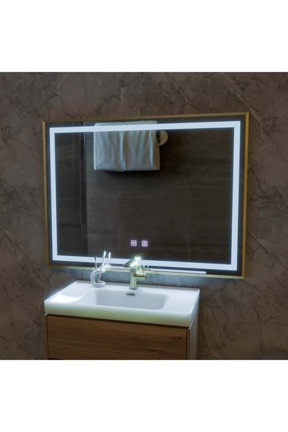 Καθρέφτης LED αφής Kariri, 80x60 cm, λειτουργία αποθάμβωσης, πλαίσιο σε χρυσό ροζ χρώμα