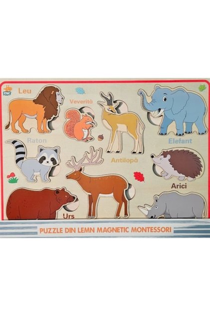 Puzzle magnetic din lemn, animale sălbatice, 9 piese,