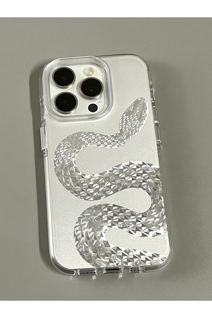 iPhone 16 Pro Max - Aurora Yılan Desenli Parlak Hologramlı Beyaz Yanları Yumuşak Telefon Kılıfı