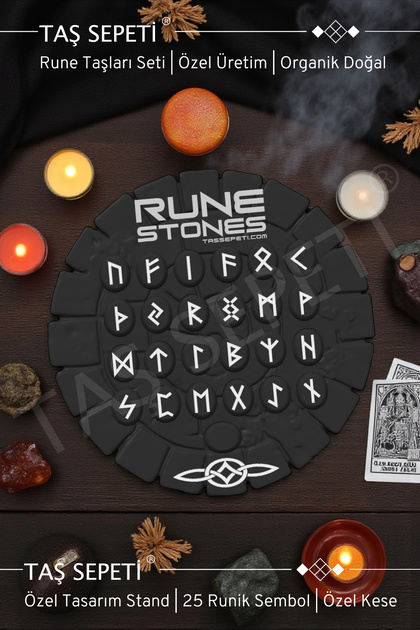 Rune Taşları Kehanet Seti 25 Runik Taş + Kese + Özel Standı Kadim Run Sembolleri Özel Üretim